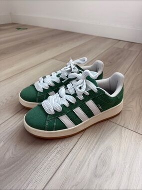 adidas Green Suede Campus Sneakers with White Stripes